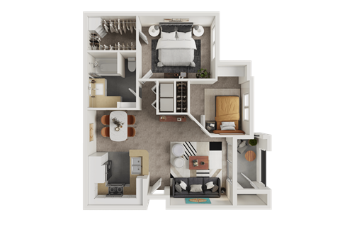 Floor plan for 2 beds, 1 bath, 897 sqft